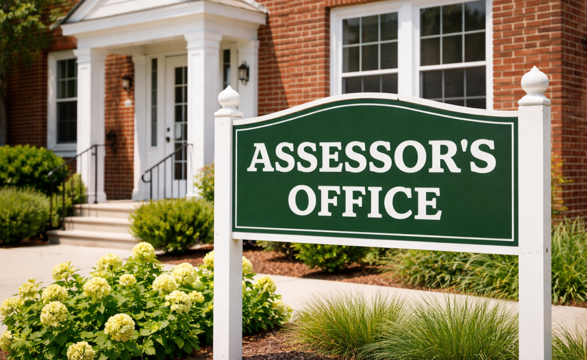 Sign identifying the Lawrence Township Assessor’s Office outside a municipal building.