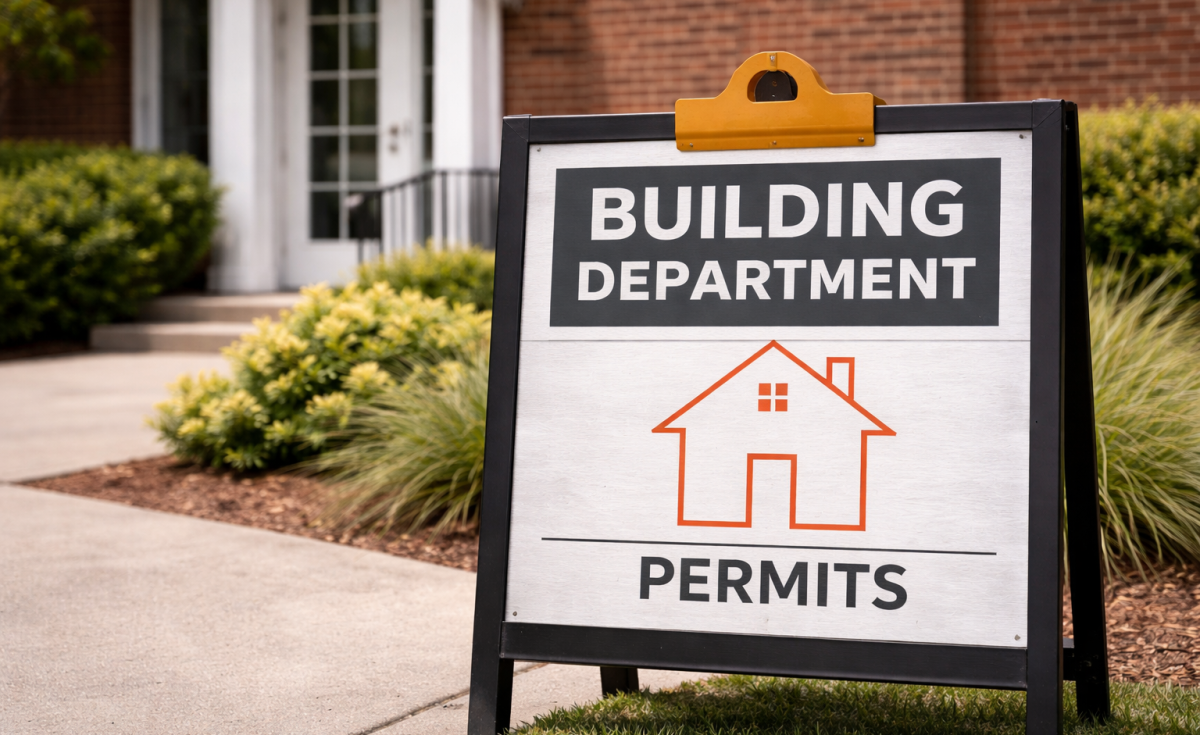Sign identifying the Lawrence Township Building Department and permit services.