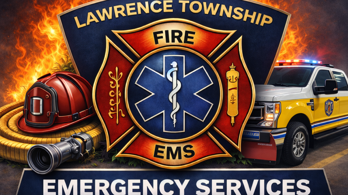 Lawrence Township Emergency Services shield featuring fire and EMS symbols with American flag elements.