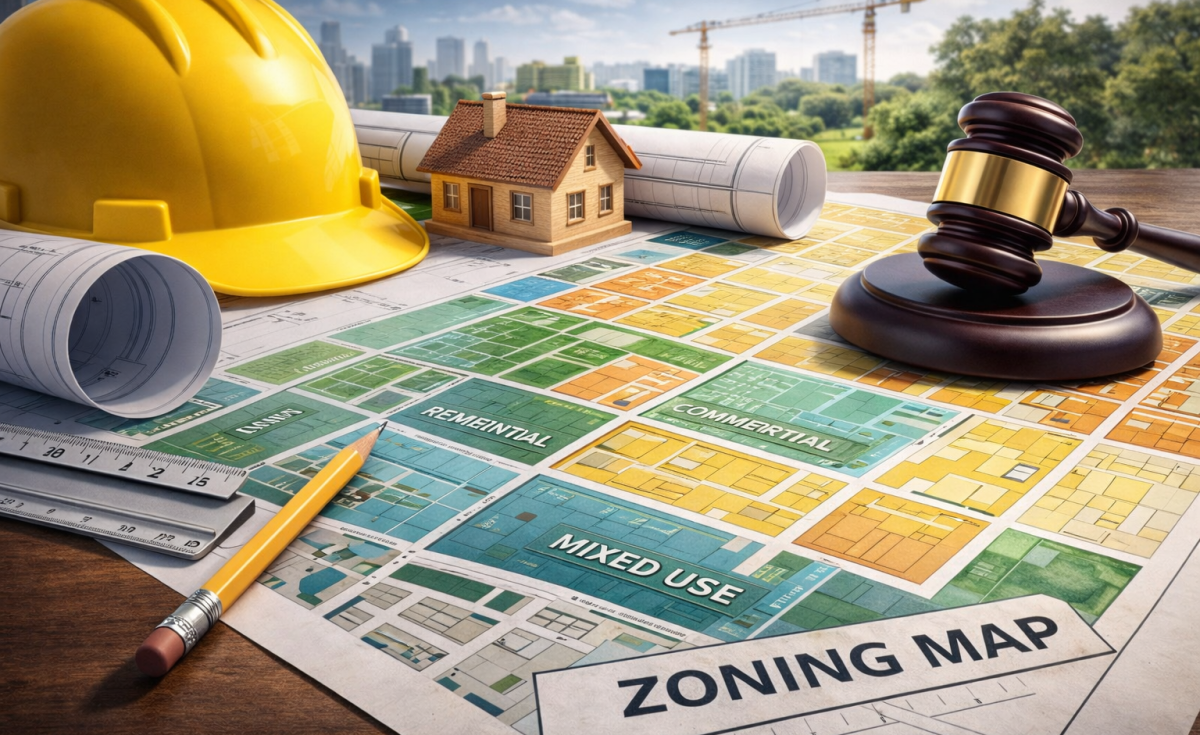 Zoning map with color-coded land use areas, a model house, construction plans, and planning tools representing zoning and land use regulation