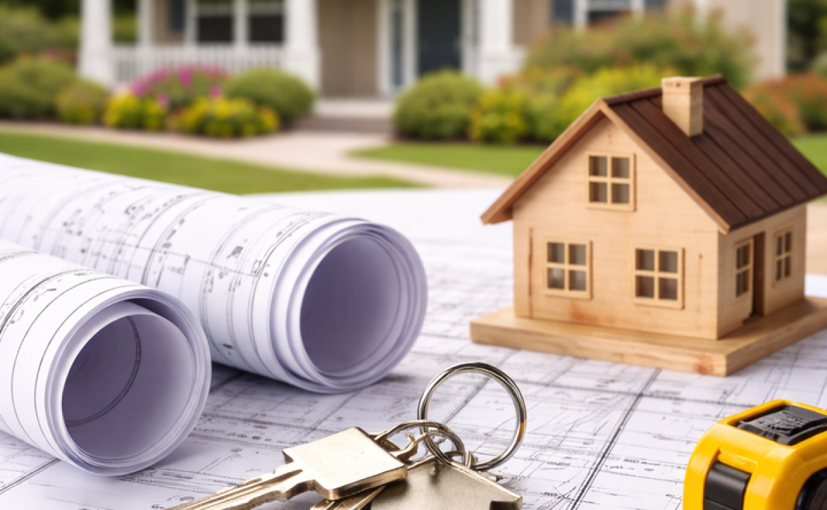 Architectural plans, rolled blueprints, house model, keys, and measuring tape representing housing and planning services.